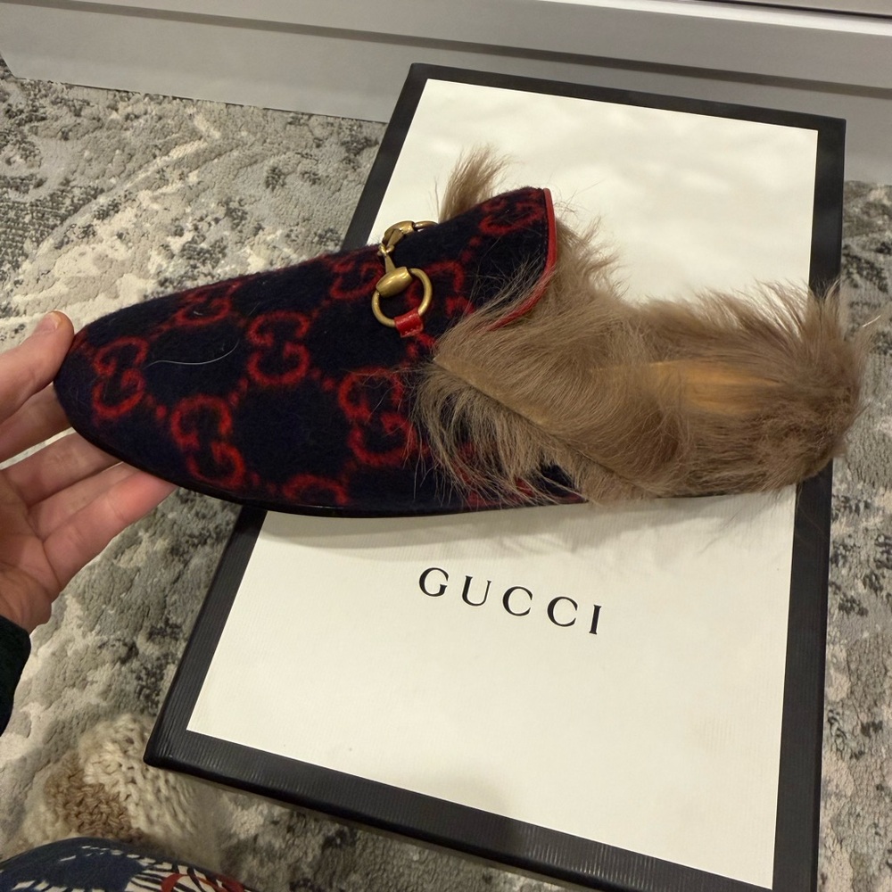 GUCCI Women’s GG Monogram Wool Fur Princetown Slippers 36½